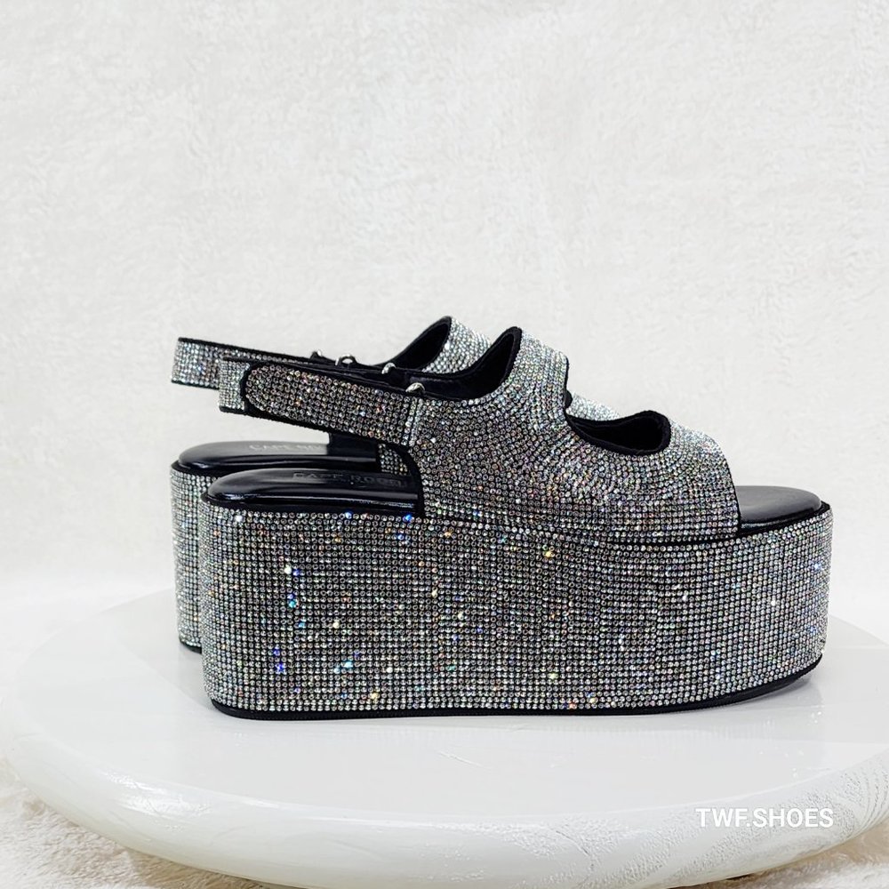 OH YEAH 3" Flatform Platform Silver Rhinestone Sandals Colorful Sparkle